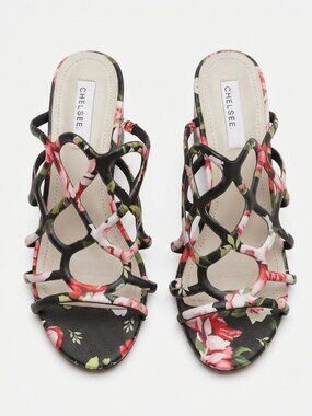 Chelsee - Floral Cage Black Strappy Women’s Heeled Sandals – Size 9